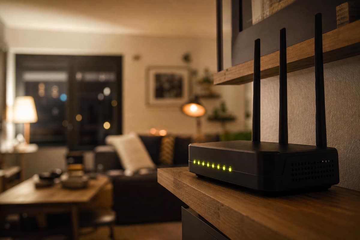 Box internet aux voyants allumés posée sur une étagère dans un salon en soirée