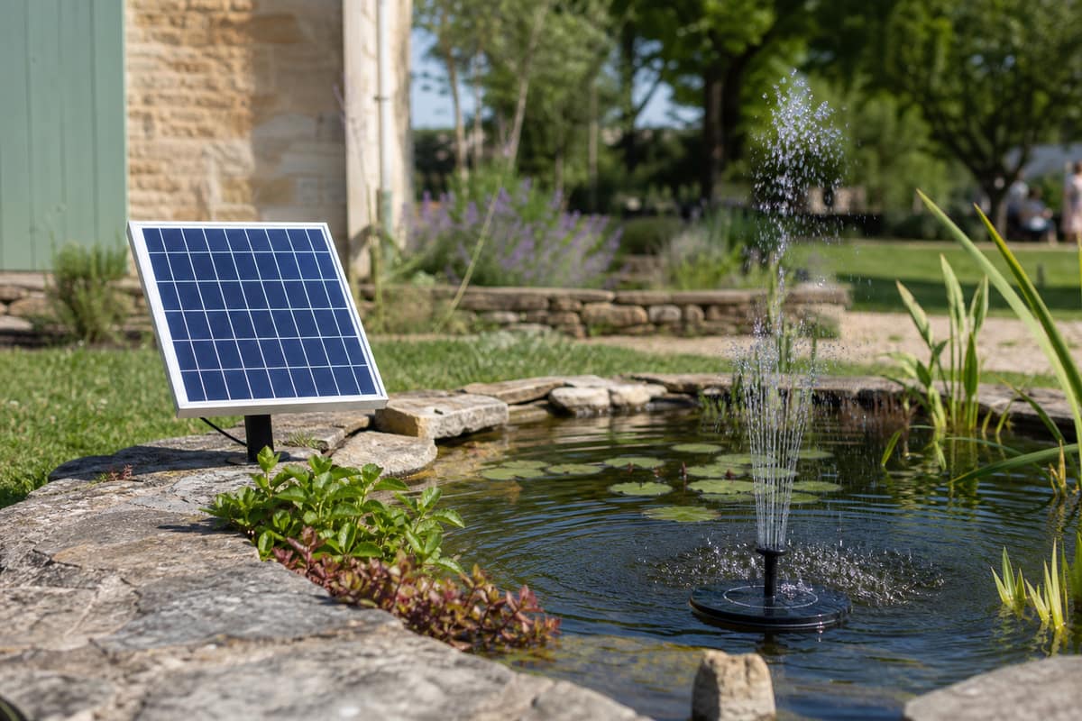 Petite fontaine solaire avec panneau séparé dans un bassin de jardin planté