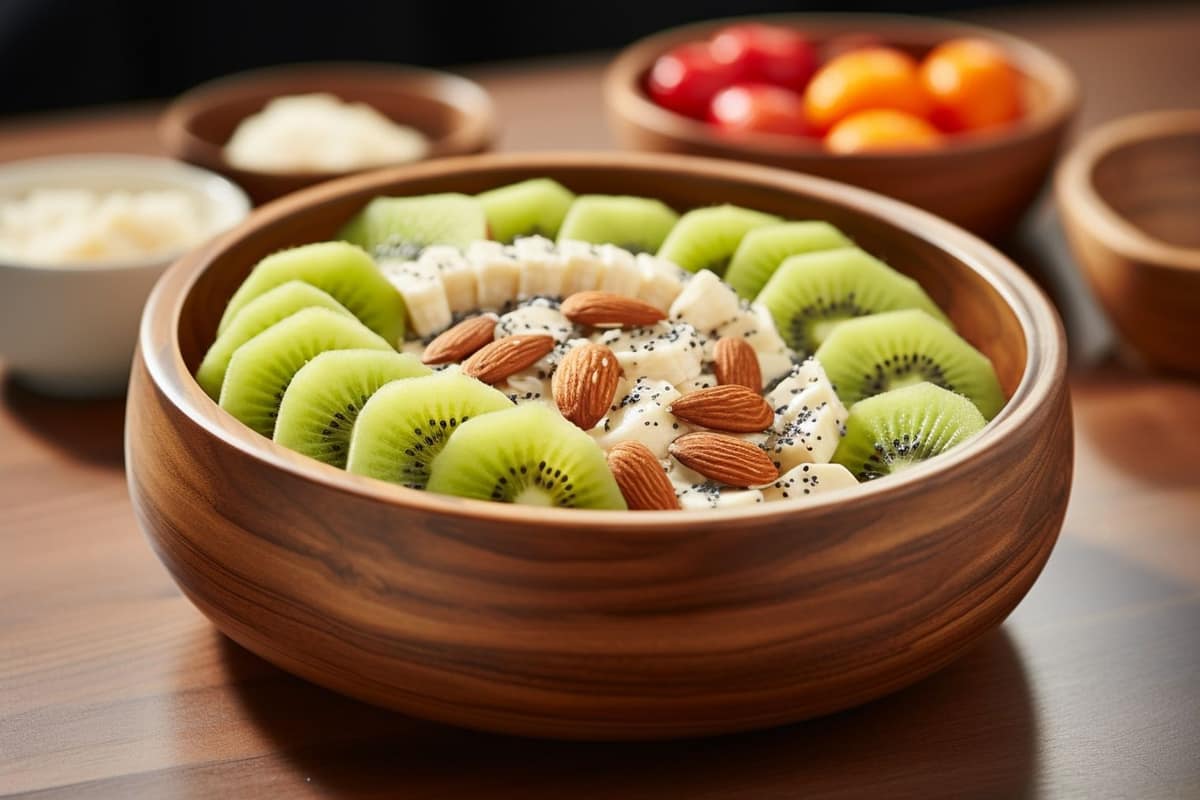 Pudding de chia au lait de coco garni de rondelles de kiwi