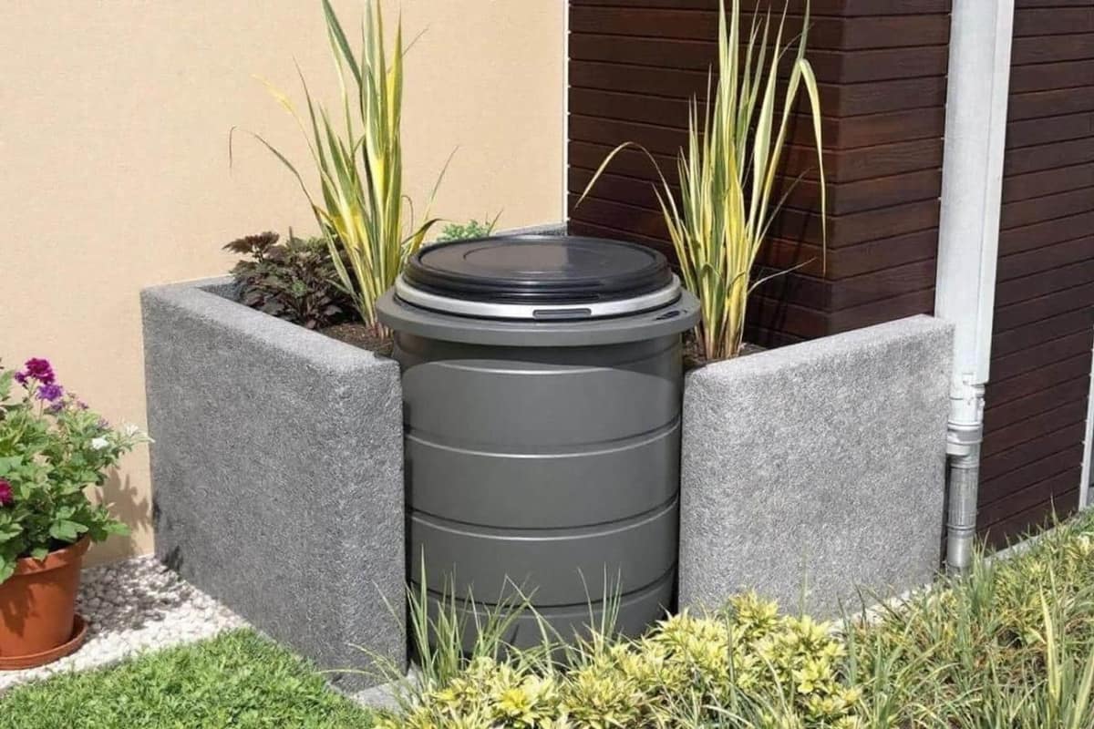Récupérateur d’eau de pluie fermé relié à une gouttière dans un jardin