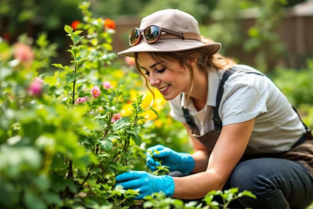 Potager d’été paillé avec tomates tuteurées, courgettes et arrosage goutte-à-goutte