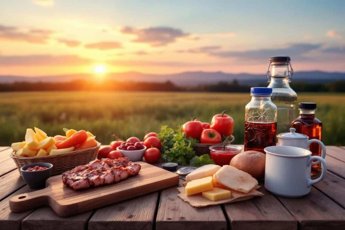 Accessoires en inox et thermomètre posés près d’un barbecue à charbon