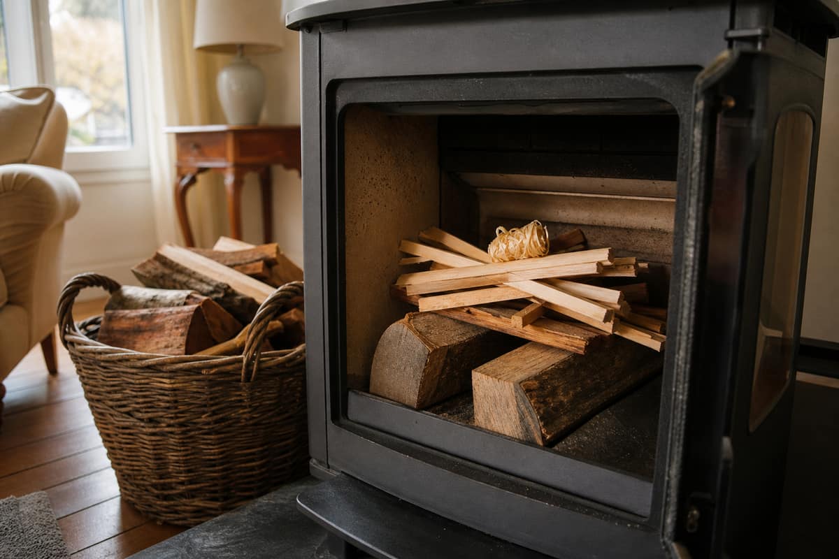 Mèche de laine de bois posée sur du petit bois dans un poêle