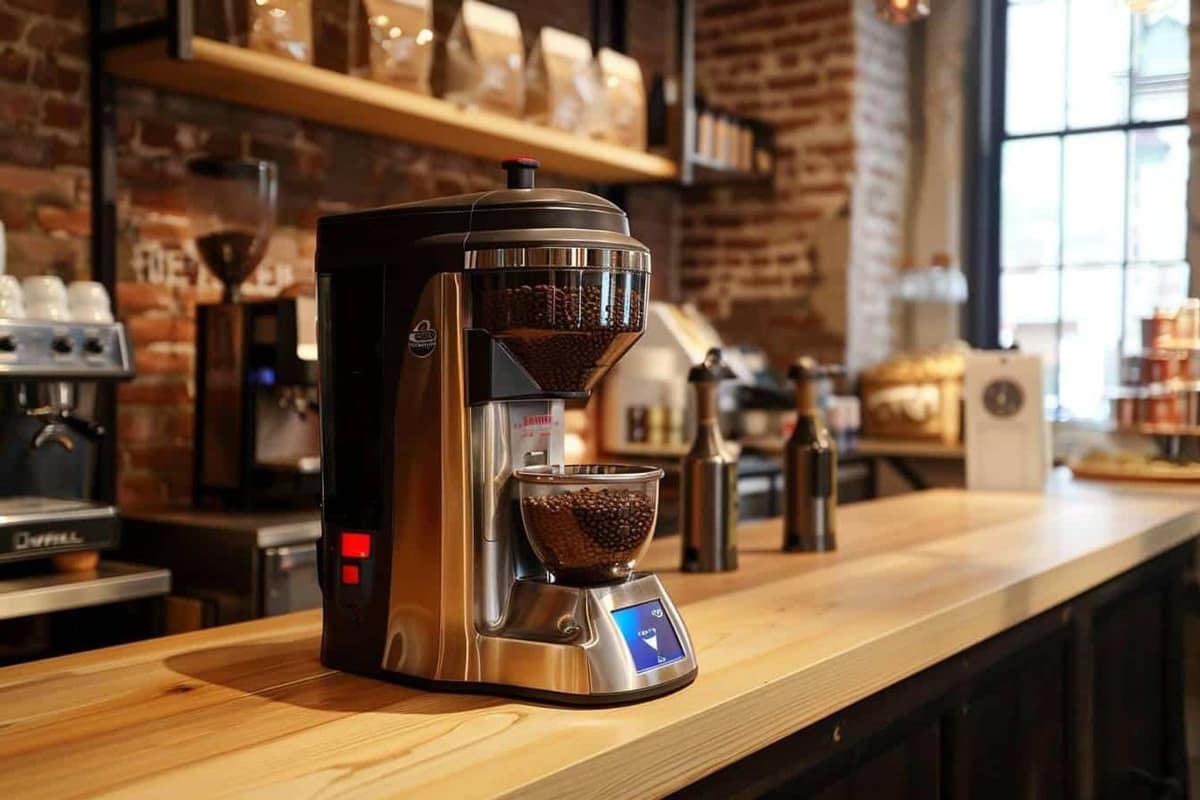 Cafetière à grain avec bac d’égouttage et grains sur plan de travail