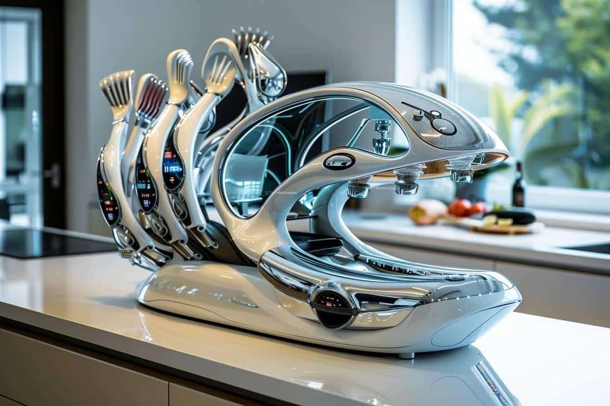 Robot cuiseur et accessoires rangés sur un plan de travail lumineux