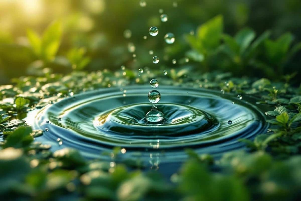 Cuve de récupération d’eau reliée à une gouttière dans un jardin résidentiel