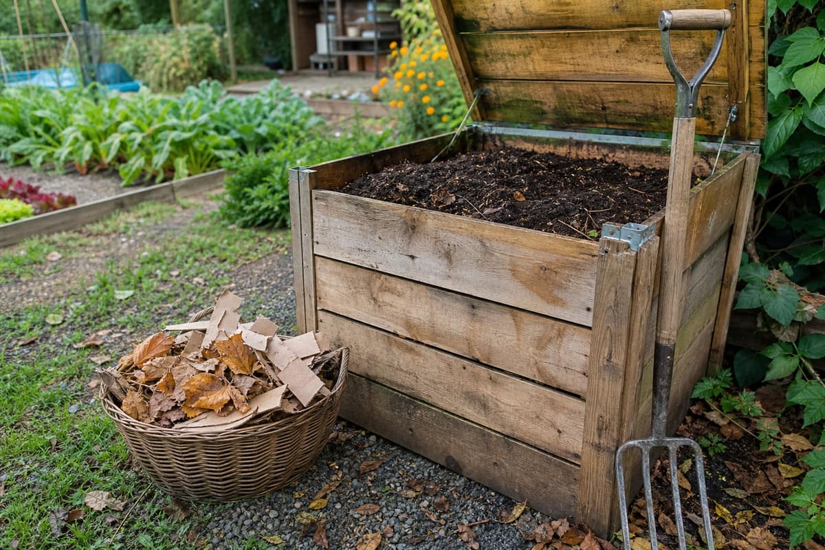 Composteur en bois ouvert avec compost mûr, feuilles sèches et carton brun
