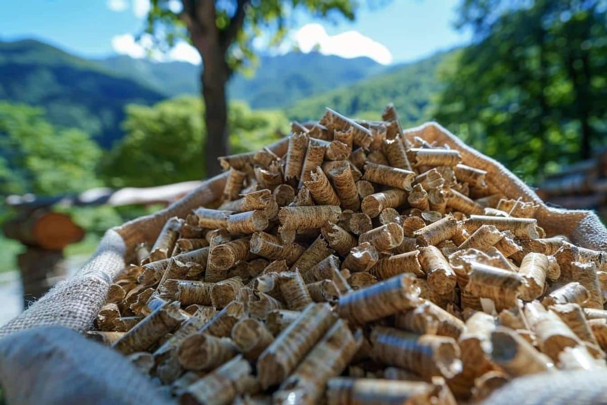 Sacs de granulés stockés au sec près d’un poêle moderne
