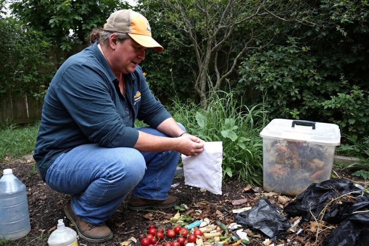 Épluchures de légumes et feuilles sèches près d’un composteur de jardin.
