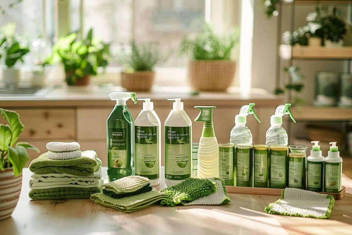 Kit de ménage écologique avec lavettes, brosse, vinaigre et bicarbonate sur un plan de travail
