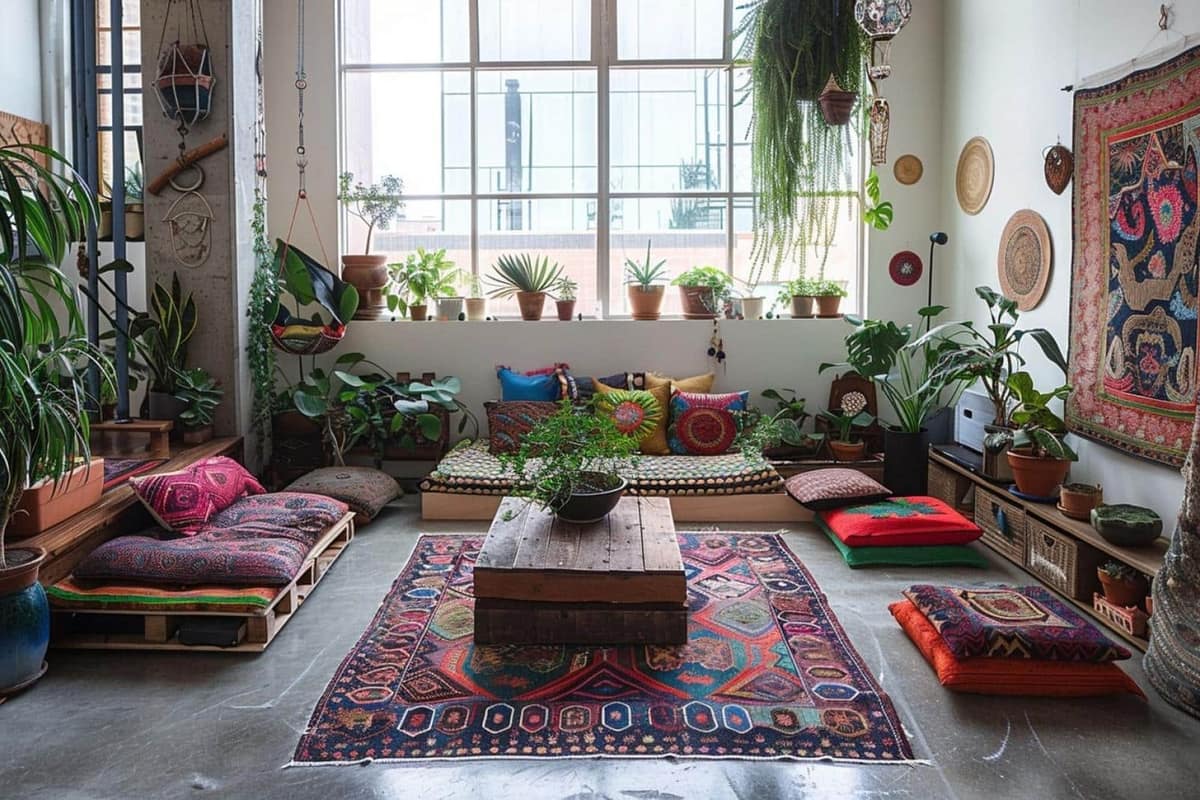 Salon lumineux rénové à petit budget avec meubles chinés et textiles naturels