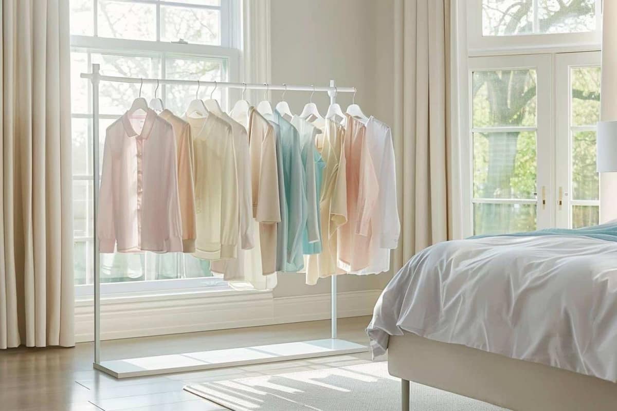 Dressing en bois avec vêtements neutres rangés sur cintres et mailles pliées