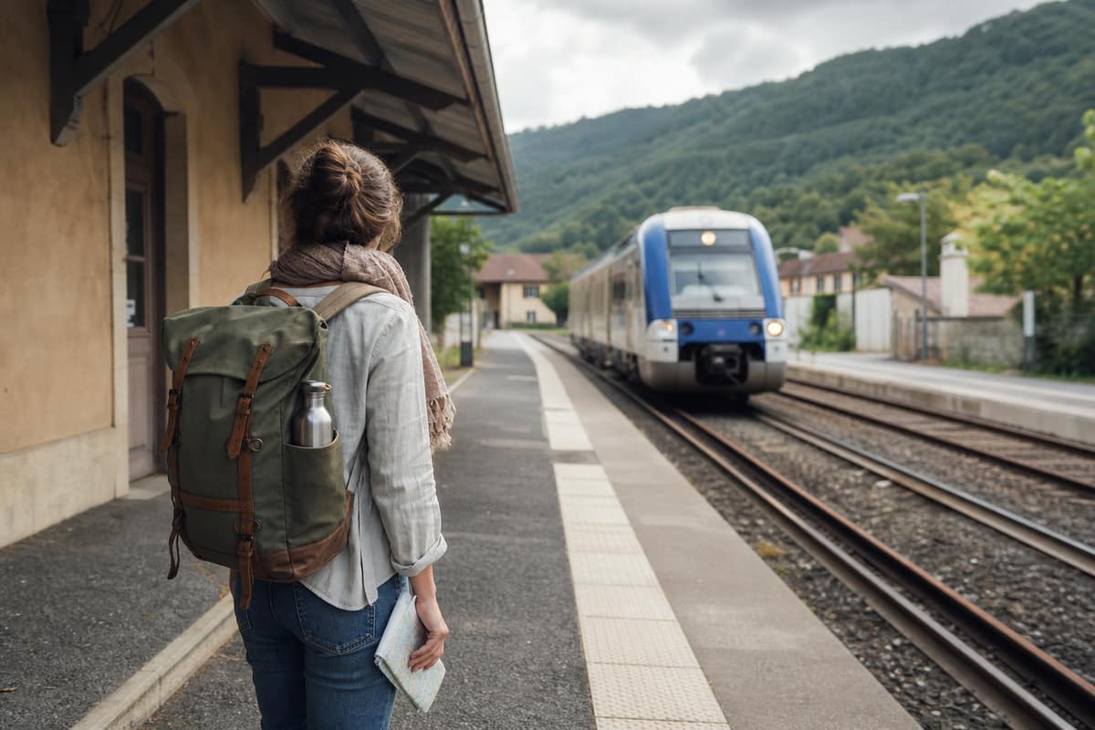 Voyageur avec gourde et sac léger sur un quai de gare européen