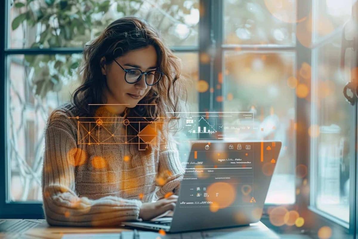 Apprenant suivant un cours en ligne sur ordinateur à un bureau lumineux