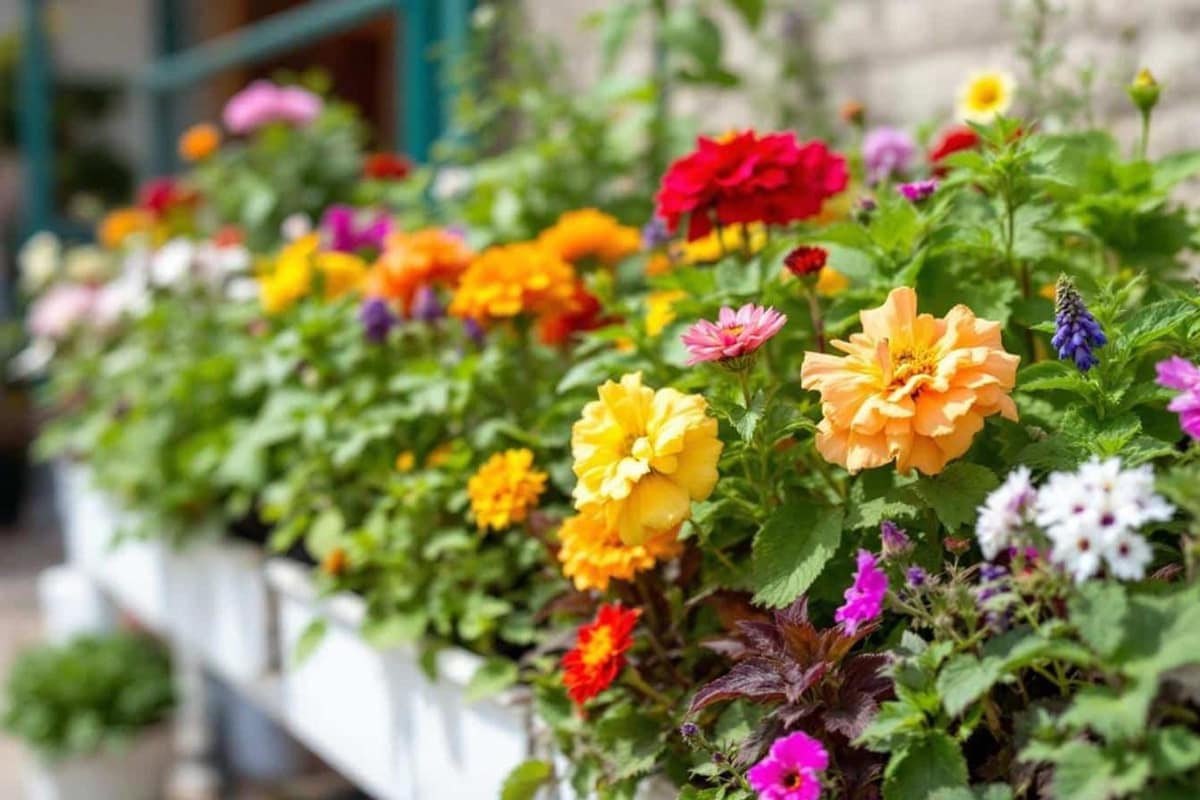 Petite serre rigide avec aromatiques et semis sur un balcon urbain ensoleillé