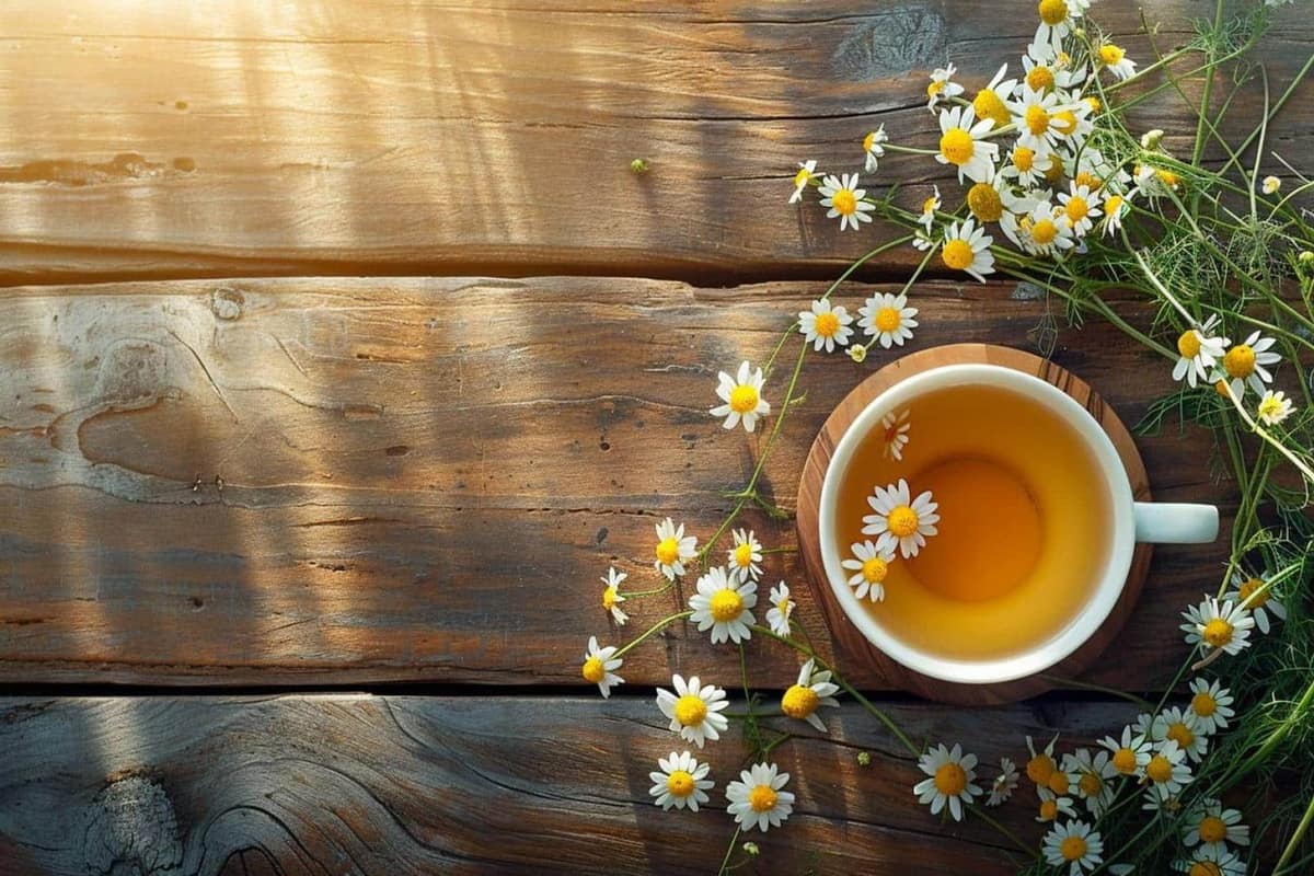 Tasse de camomille fumante et fleurs séchées sur une table en bois