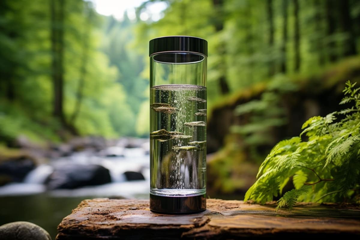 Mains filtrant l’eau d’un ruisseau avec une gourde de randonnée