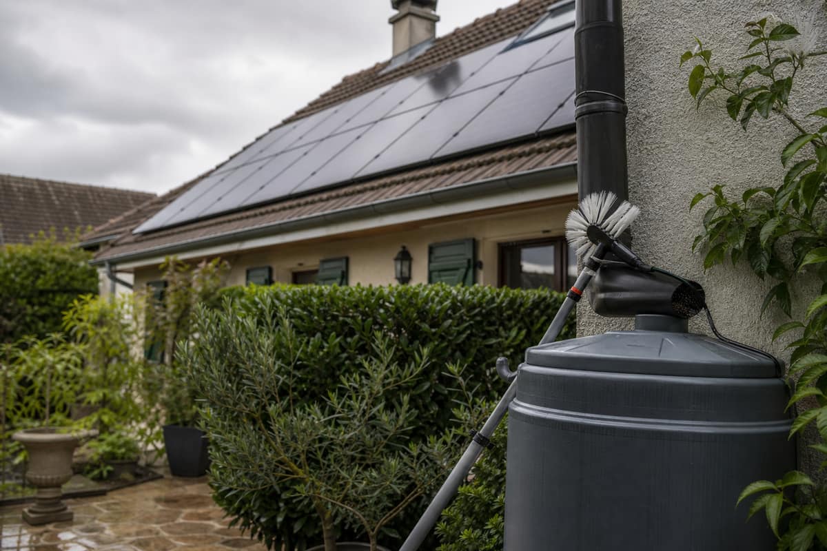 Panneaux solaires sur toiture et récupérateur d’eau de pluie dans un jardin