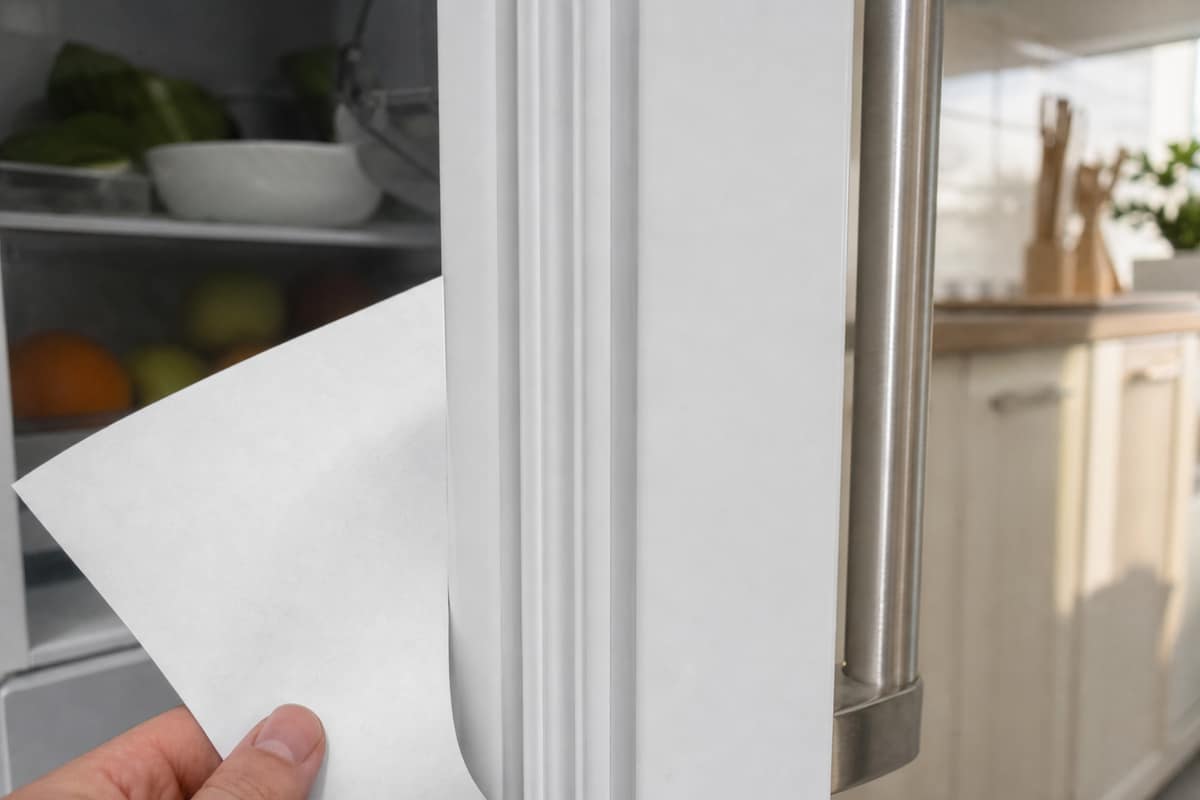 Main retirant une feuille A4 du joint d’une porte de réfrigérateur