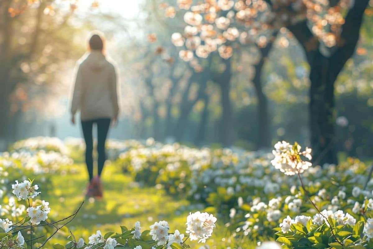 Personne marchant d’un bon pas sur une allée de parc arboré