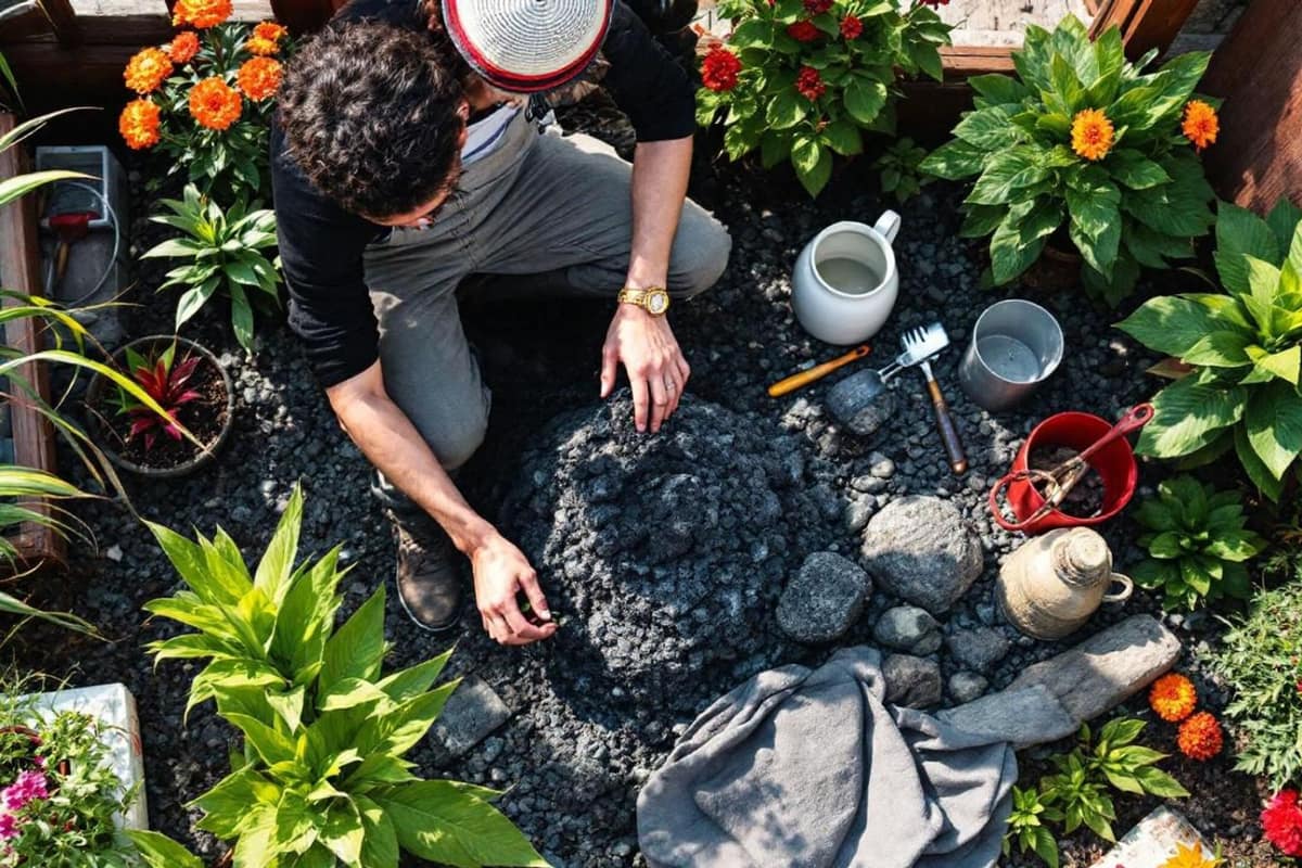 Seau de cendres froides, outils de jardin et potager au printemps
