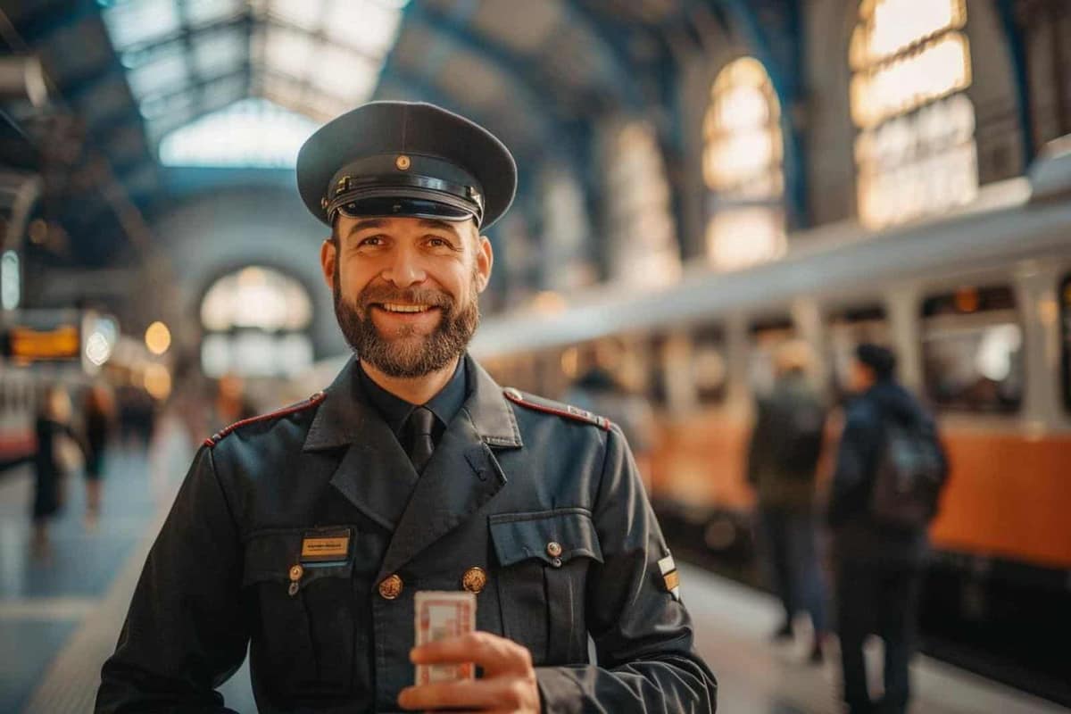 Agent ferroviaire de dos sur un quai près d’un train régional