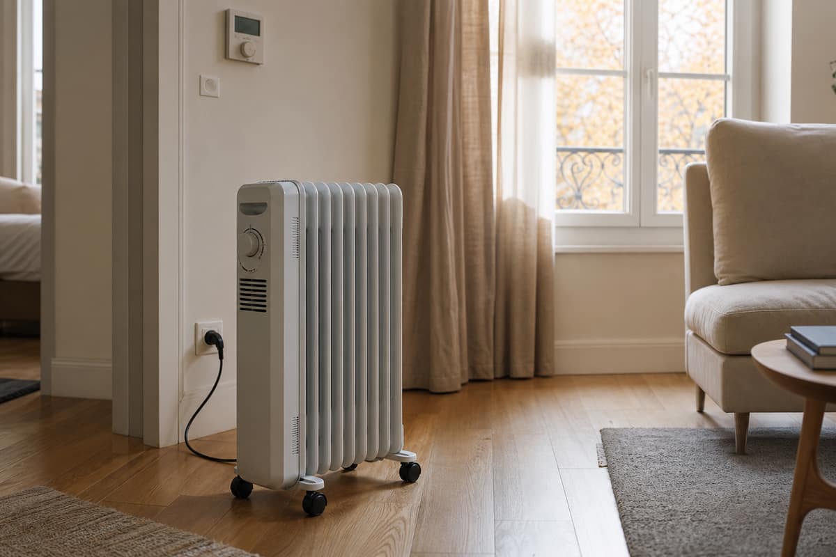 Radiateur à bain d’huile branché dans un salon lumineux et dégagé