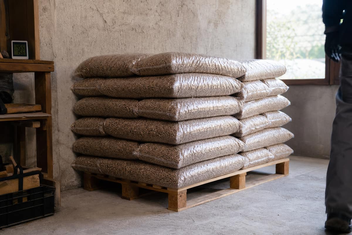 Sacs de pellets fermés sur palette dans un garage propre et sec