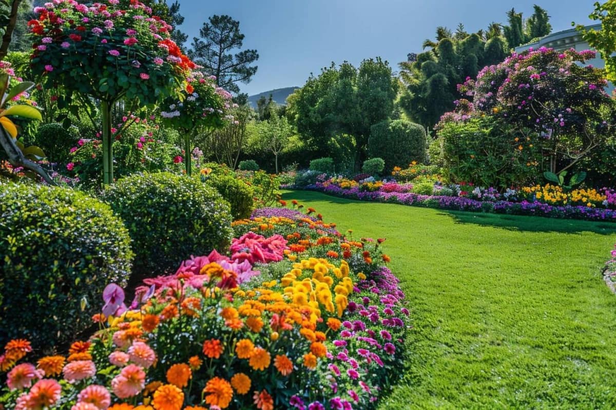 Massif fleuri avec vivaces, bulbes et paillage dans un jardin français