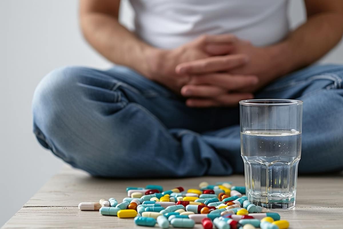Boîtes de médicaments non identifiables et verre d’eau sur un plan de cuisine