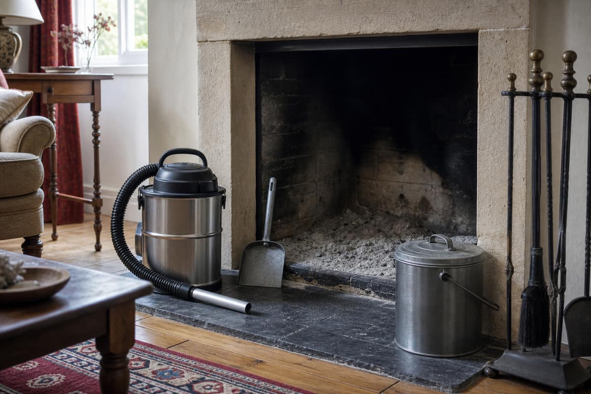 Aspirateur à cendres métallique et seau fermé devant une cheminée refroidie