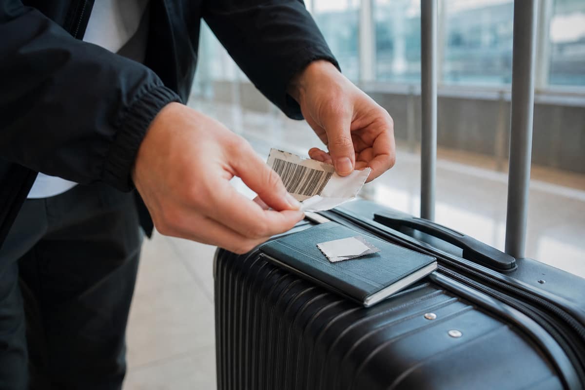 Étiquette de bagage retirée d’une valise après récupération à l’aéroport