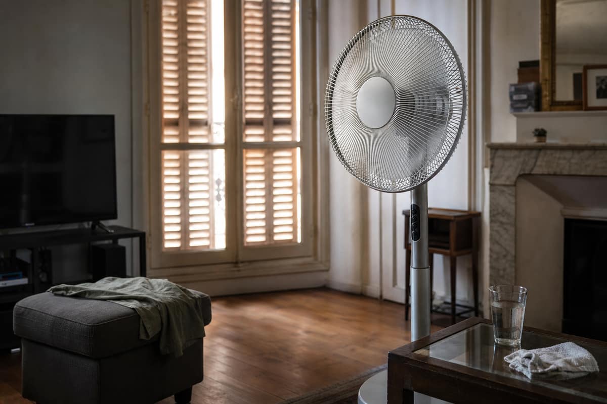 Ventilateur sur pied dans un salon aux volets fermés pendant une canicule