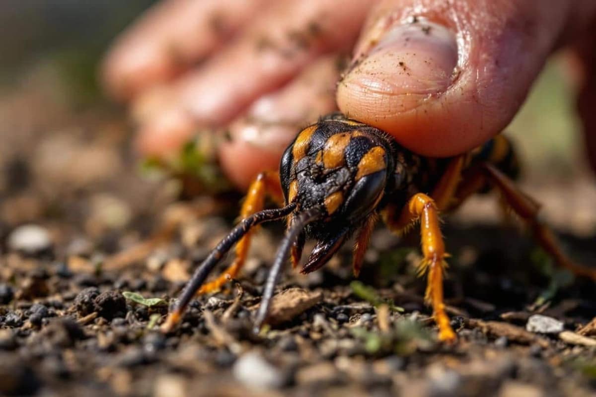 Frelon asiatique sombre aux pattes jaunes posé sur une table de jardin