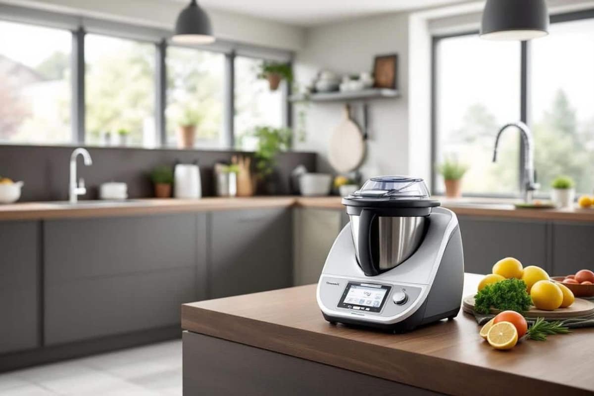 Robot cuiseur blanc d’occasion avec bol inox et accessoires sur un plan de cuisine