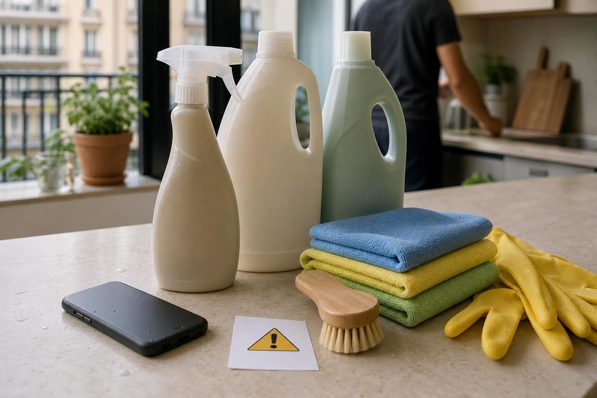 Produits ménagers, lavettes microfibres et gants sur un plan de travail clair