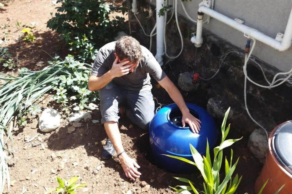 Récupérateur d’eau de pluie raccordé à une gouttière dans un jardin