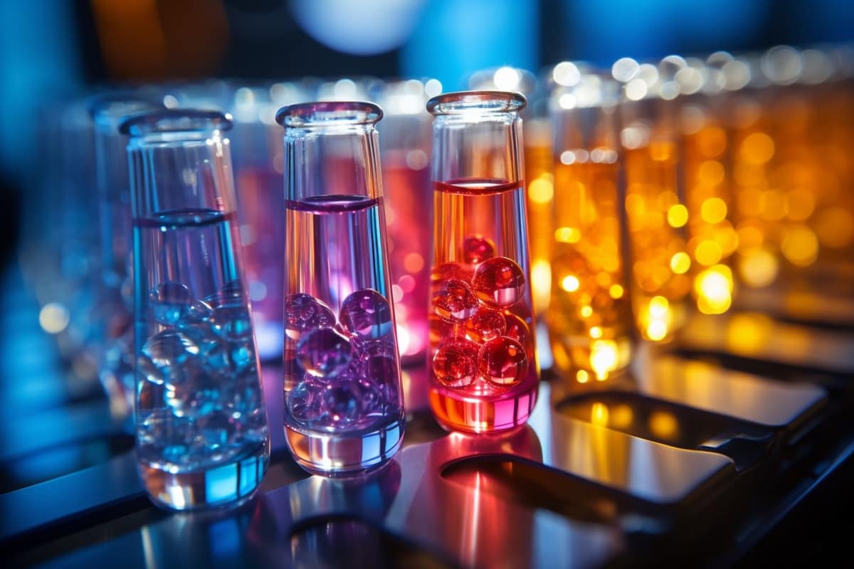 Verres d’eaux colorées superposées et matériel d’expériences sur une table familiale