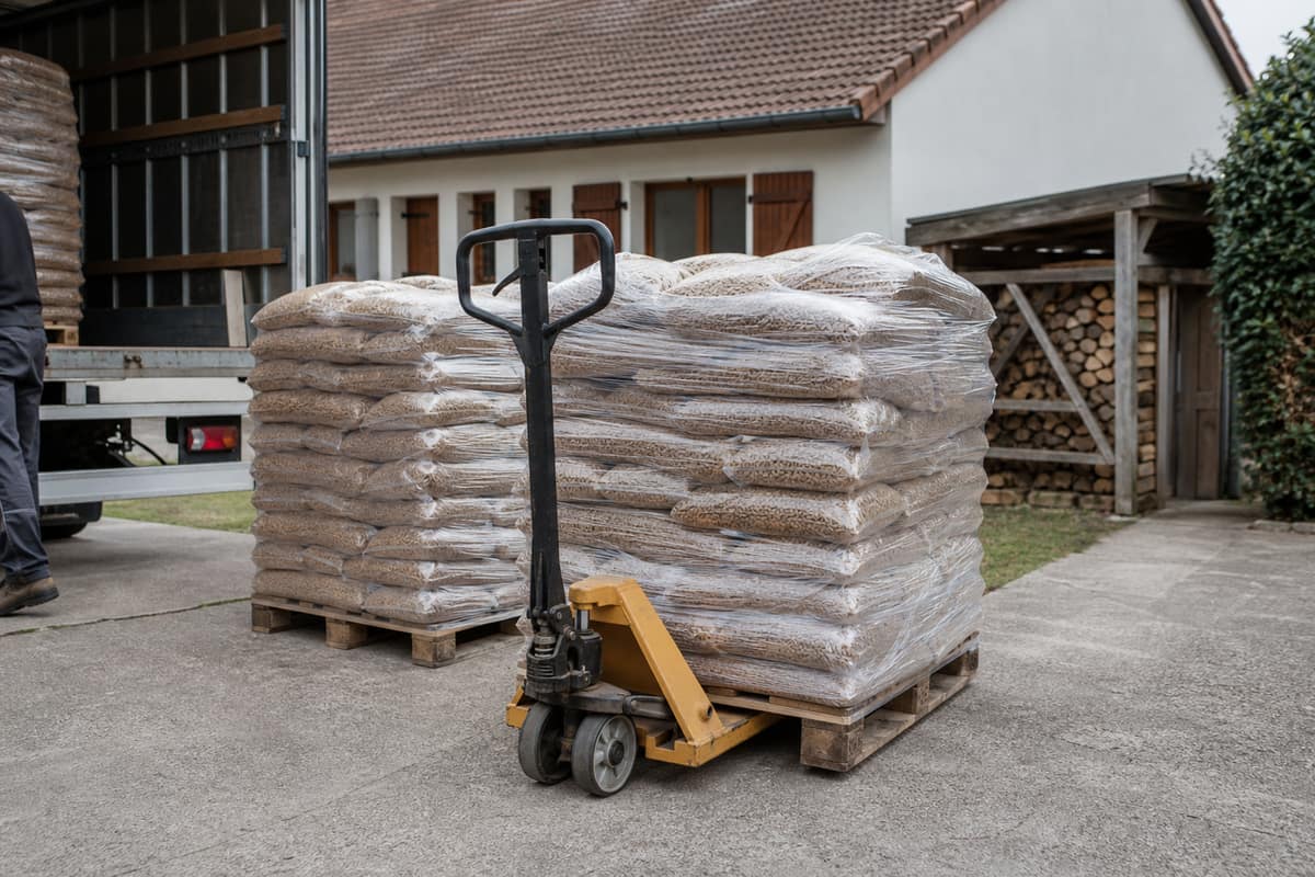 Palettes de sacs de granulés livrées sur une allée plane devant une maison