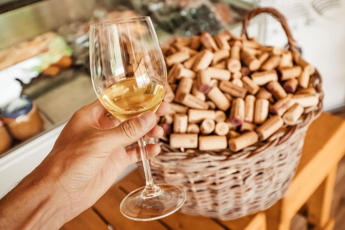 Sélection de bouteilles alsaciennes et verres de vin blanc sur une table en bois