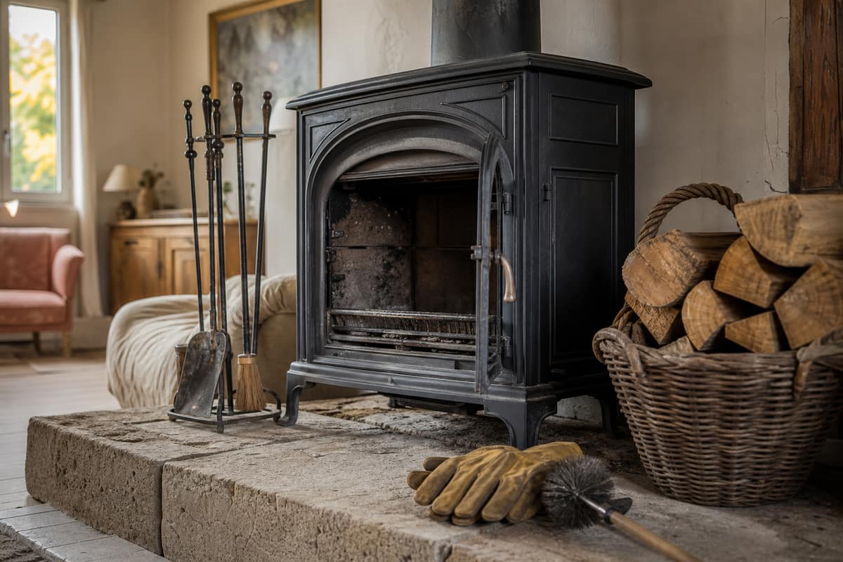 Poêle à bois propre avec outils d’entretien et bûches sèches près du foyer