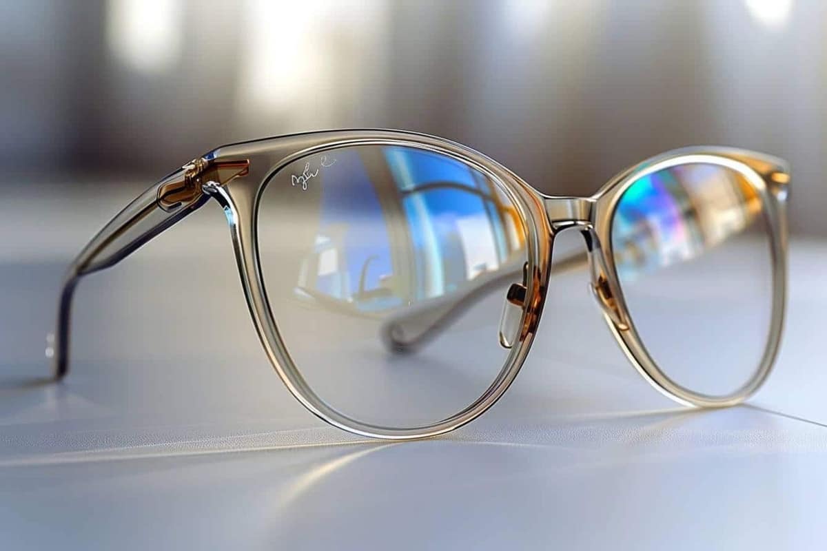 Lunettes de vue photochromiques foncées posées sur une table extérieure ensoleillée