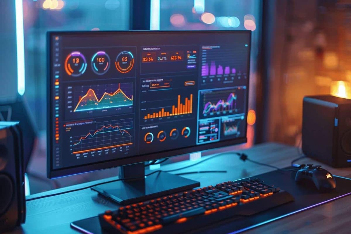 PC de jeu avec écran affichant un overlay de performances discret