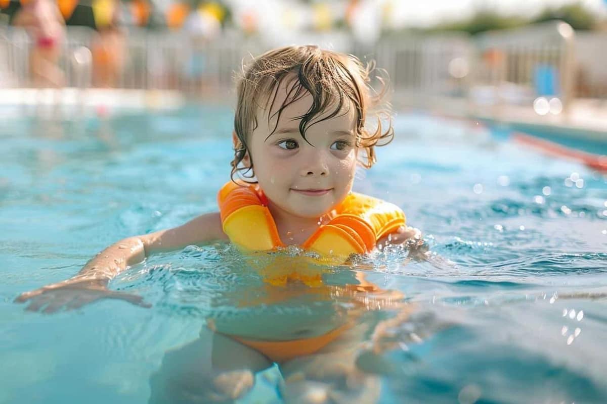Enfant de dos en maillot orange vif au bord d’une piscine