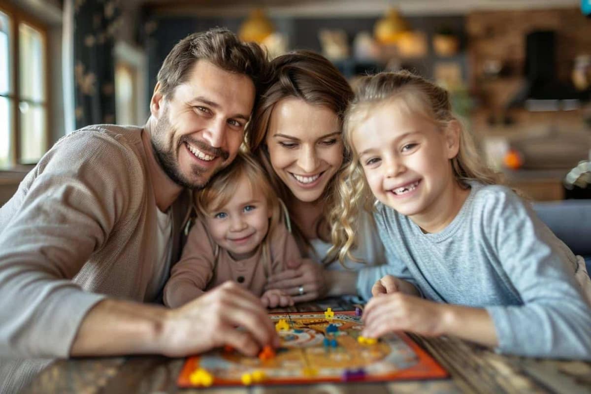 Parent et enfant organisant une routine visuelle dans une cuisine familiale
