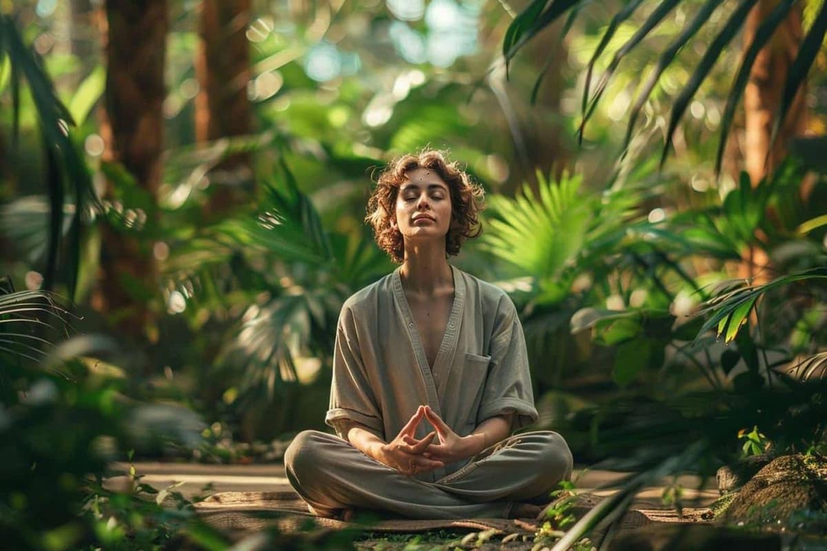 Coussin de méditation et chaise dans un salon lumineux aux tons naturels