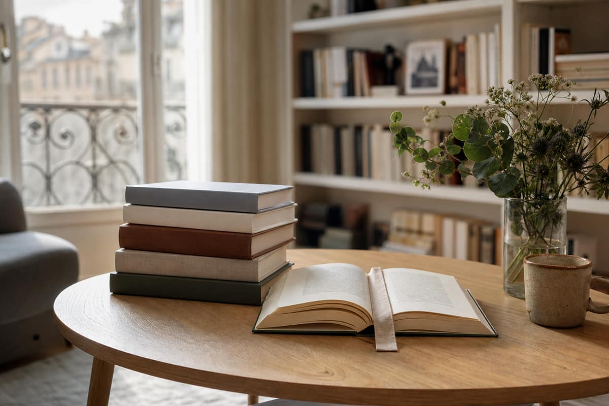 Pile de romans, récits et biographies sur une table en bois claire