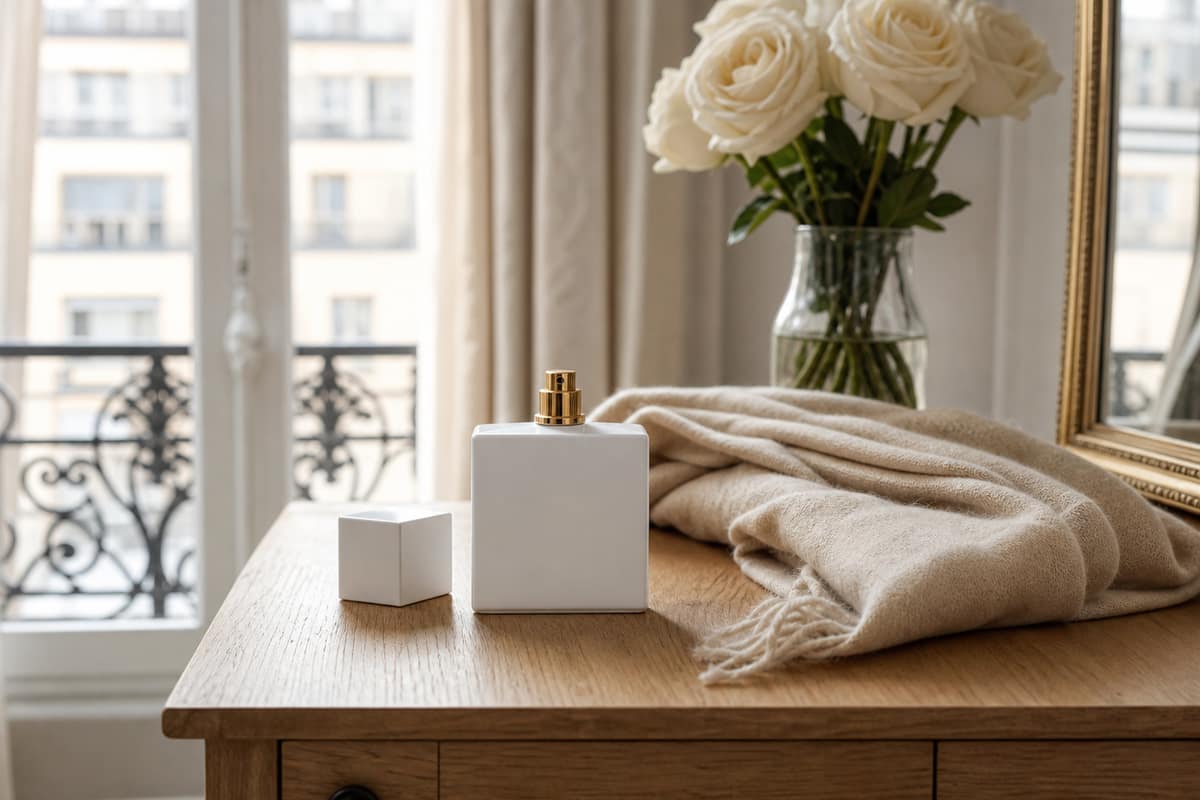 Flacon de parfum blanc posé près d’une écharpe et de roses pâles