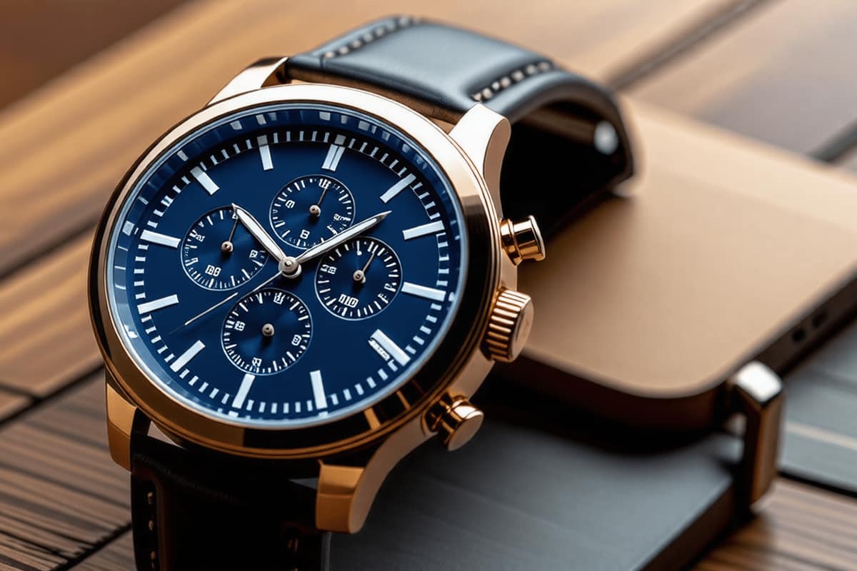 Montre connectée et montre analogique posées sur une table en bois clair