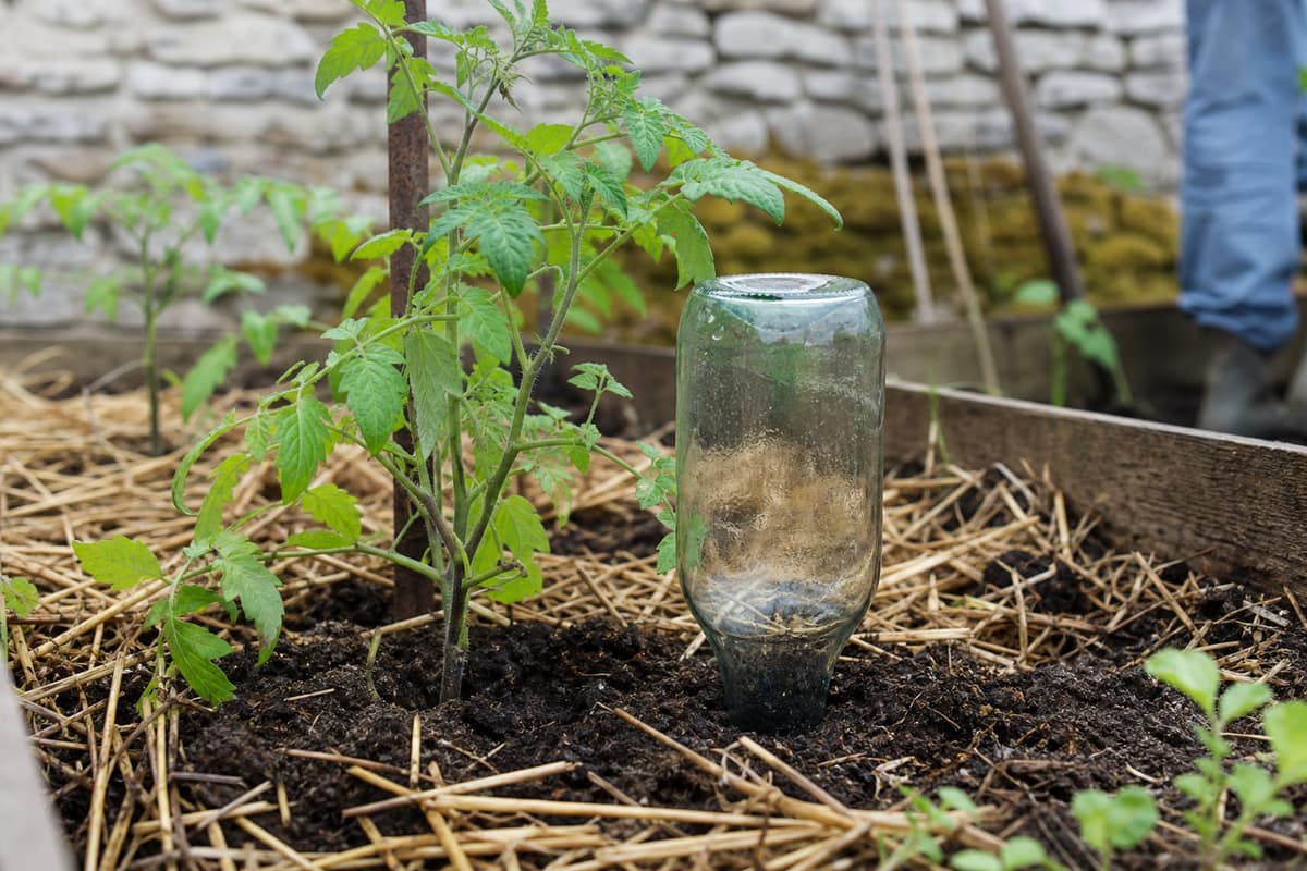 Bouteille en verre retournée près d’un jeune plant de tomate paillé
